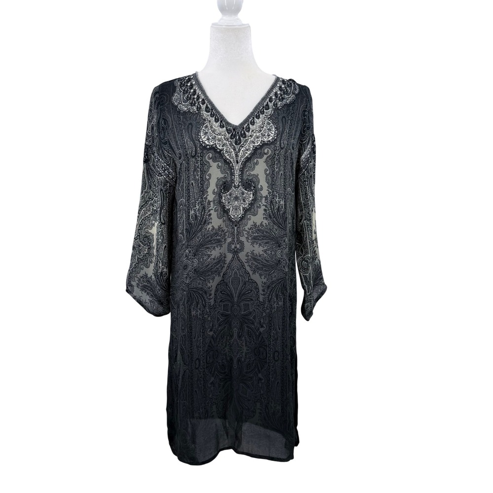 Tarun Tahiliani Womens Grey Silk Paisley Beaded‎ V-Neck Mini Dress M India